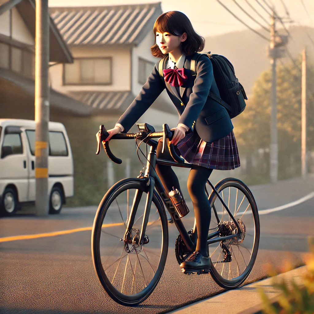 ロードバイクで通学する女子高生